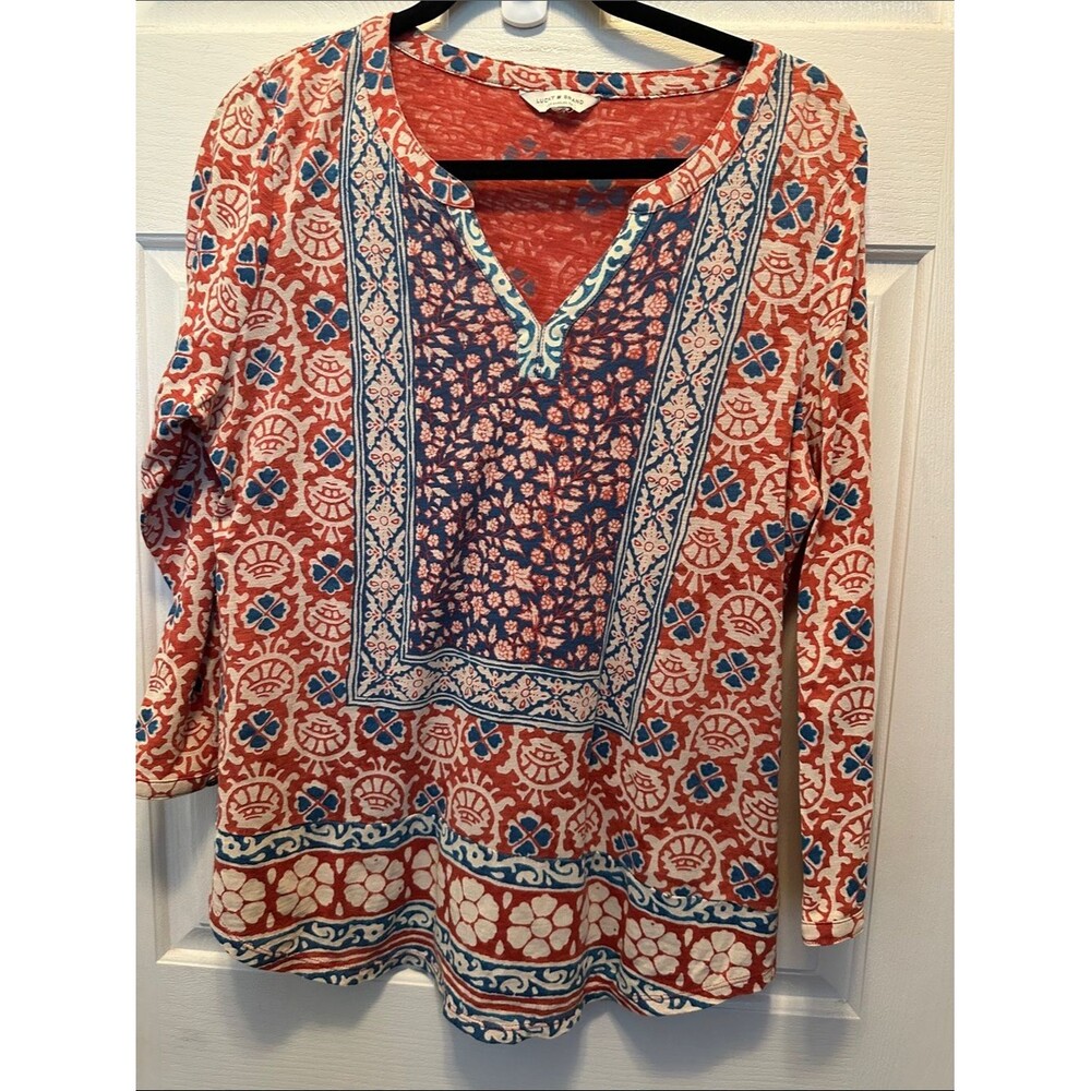 Lucky Brand Coral and Blue Boho Knit Printed V-Neck Tunic